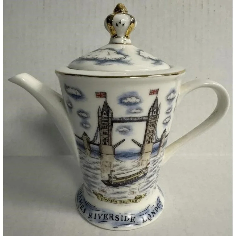 London Pottery Reflections Teapot David Birch Thames Riverside Tower Bridge Gold